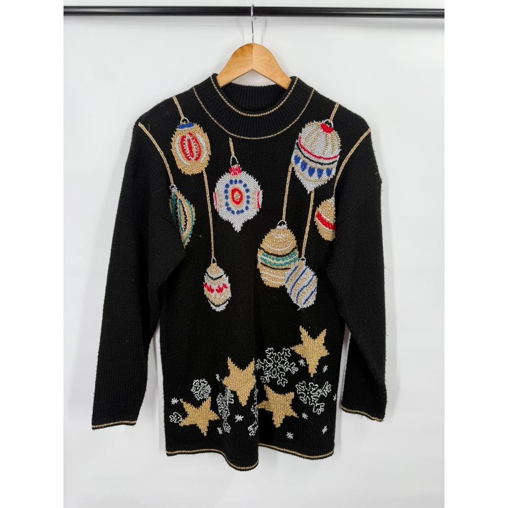 Dana Scott Vintage Christmas Sweater Metallic Ornament Star Holiday Womens L